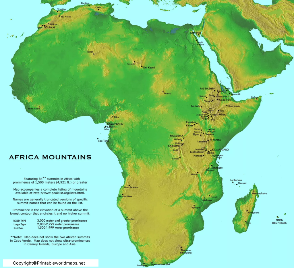 Printable Africa Mountains Map ⛰️ Map of Africa Mountains 2 Africa Mountains Map