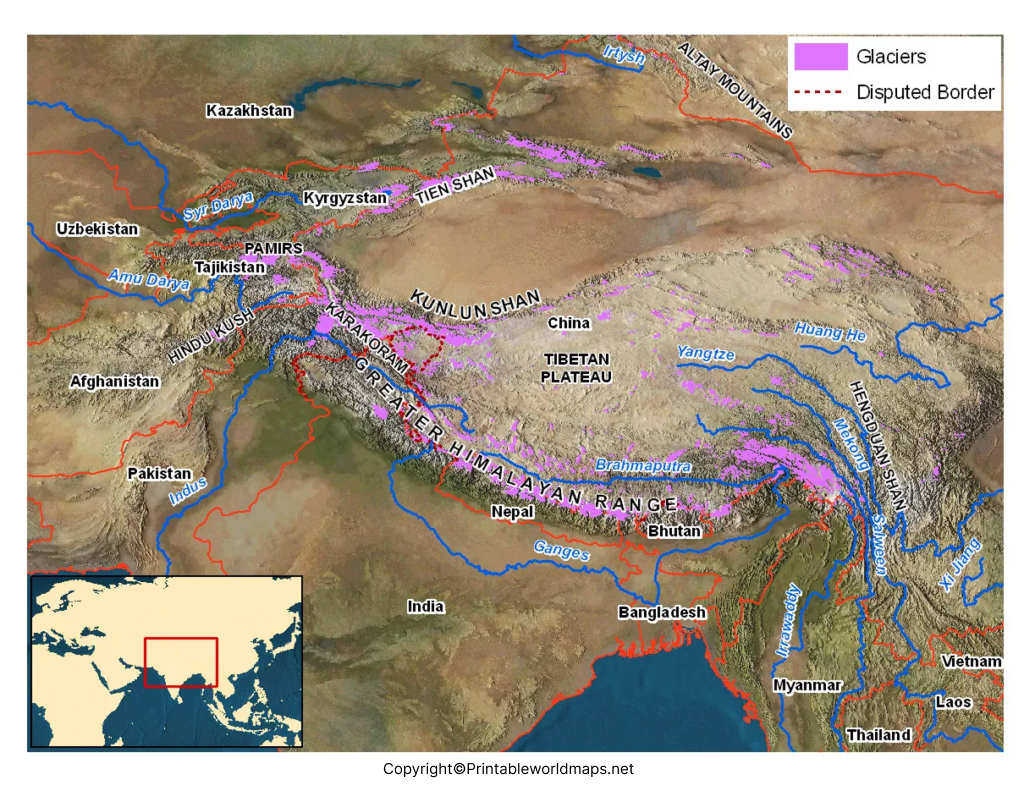 Asia Map with Mountains