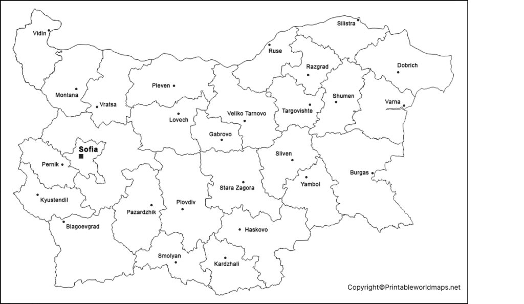 Blank Map of Bulgaria with Provinces and Citiy Names EN