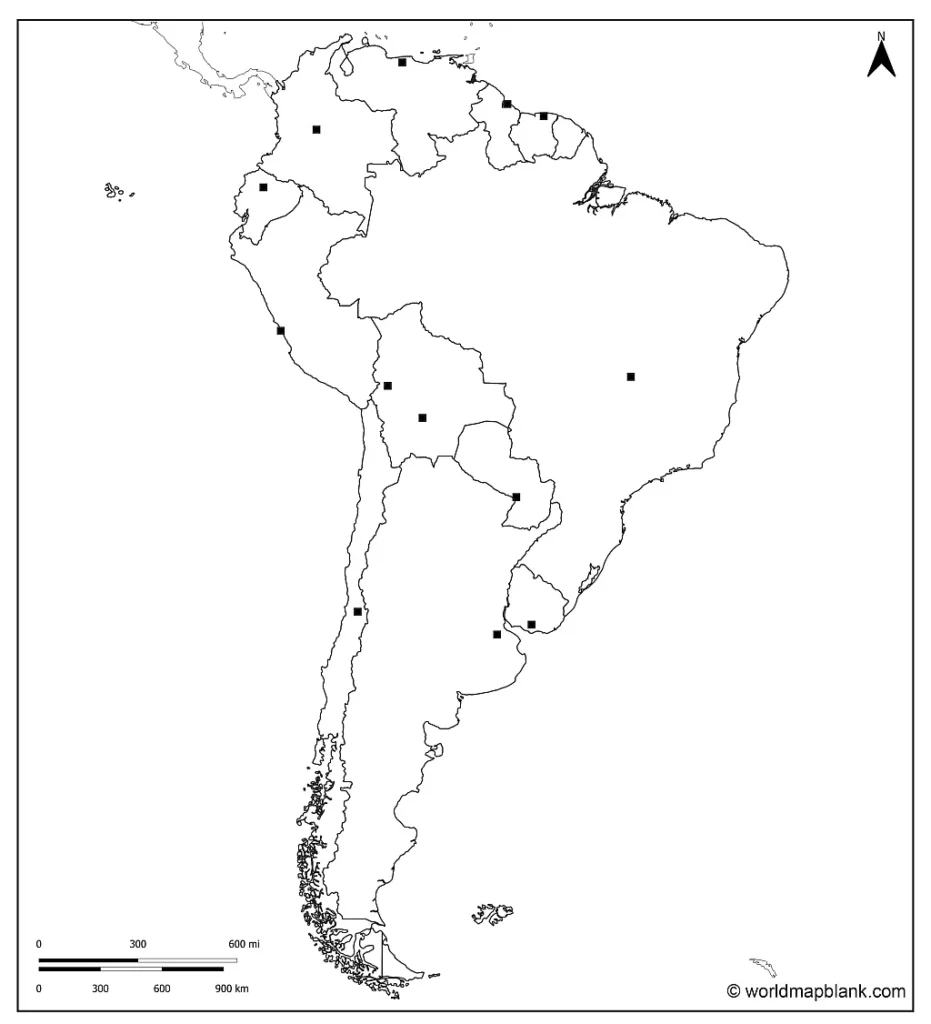 Blank Map of South America with Countries and Capitals