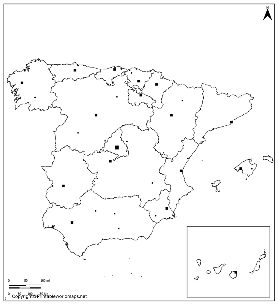 Blank Spain Map with Cities