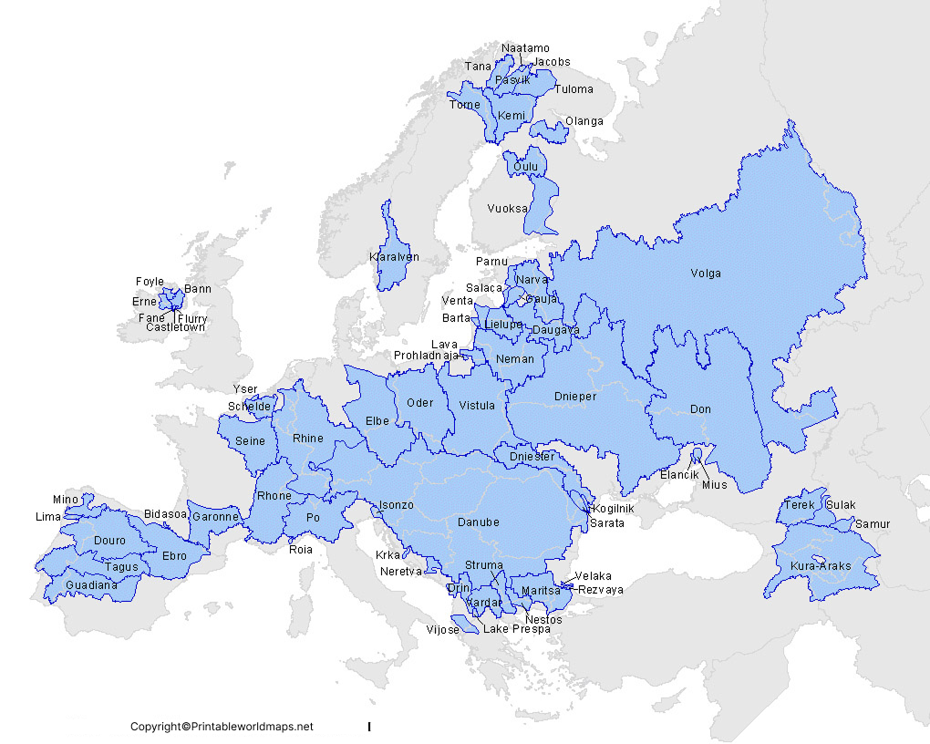 Printable Europe Rivers Map | Map of Europe Rivers 4 EUROPE river map
