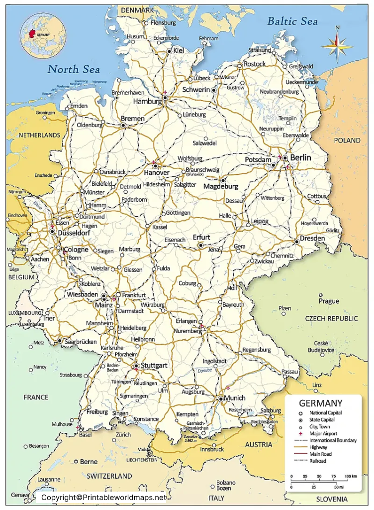 Germany Map with Cities Highways and Railroads