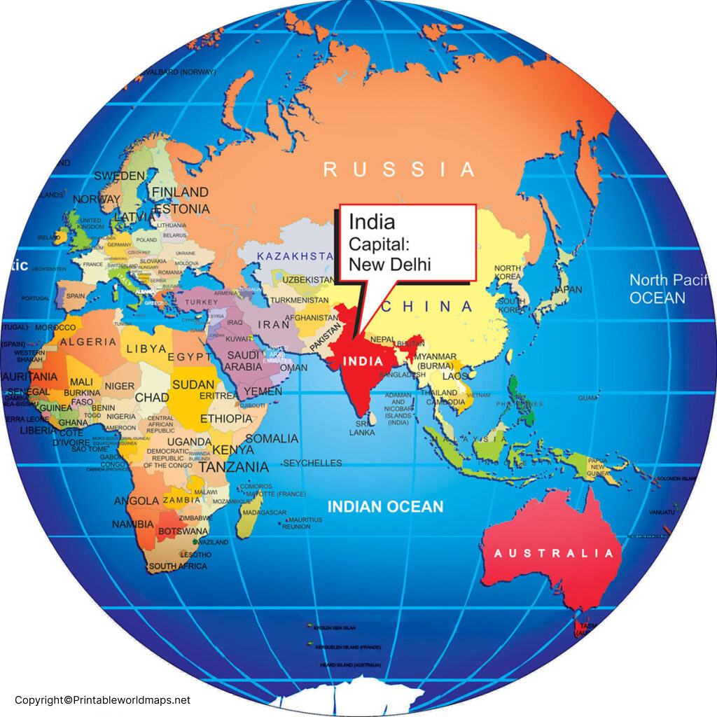 Location of India on World Map Globe in PDF 2 India on the World Map 1024x1024 1