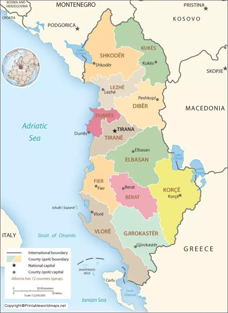 Labeled Map of Albania with States, Capital & Cities 5 Labeled Albania with Capital