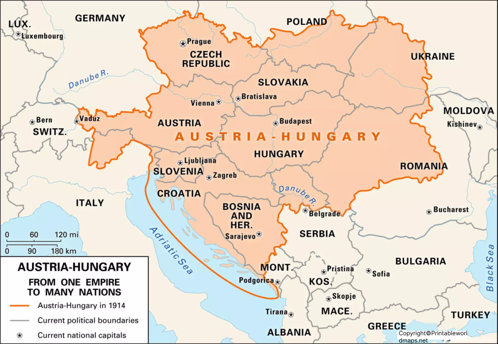 Labeled Austrian Empire Map with States, Capital & Cities 5 Labeled Austrian Empire with Capital