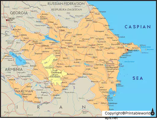 Labeled Map of Azerbaijan with States, Capital & Cities 5 Labeled Azerbaijan with Capital