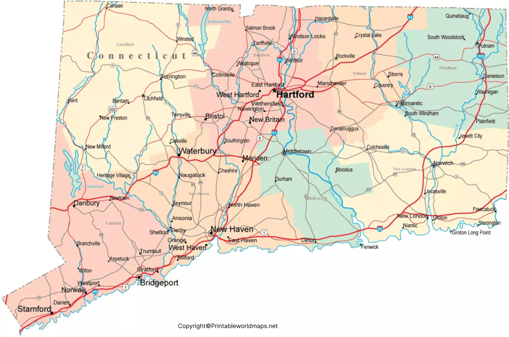 Labeled Map of Connecticut with Capital & Cities 4 Labeled Connecticut Map with Capital