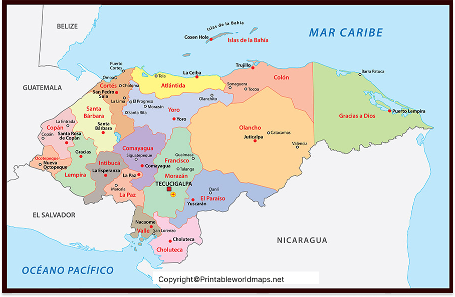 Labeled Map of Honduras with States, Cities & Capital 5 Labeled Honduras Map with States
