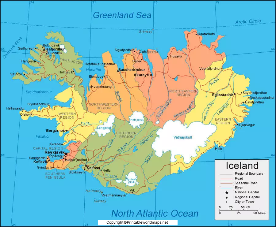 Labeled Map of Iceland with States, Capital & Cities 5 Labeled Iceland Map with Capital