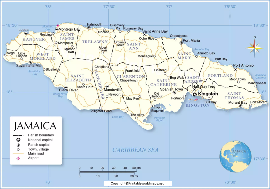 Labeled Map of Jamaica with States, Capital & Cities 5 Labeled Jamaica with Capital