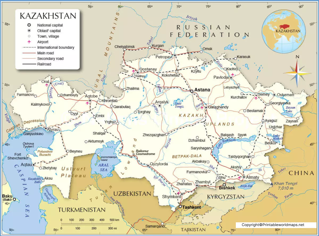 Labeled Map of Kazakhstan with States, Capital & Cities 5 Labeled Kazakhstan Map with Capital