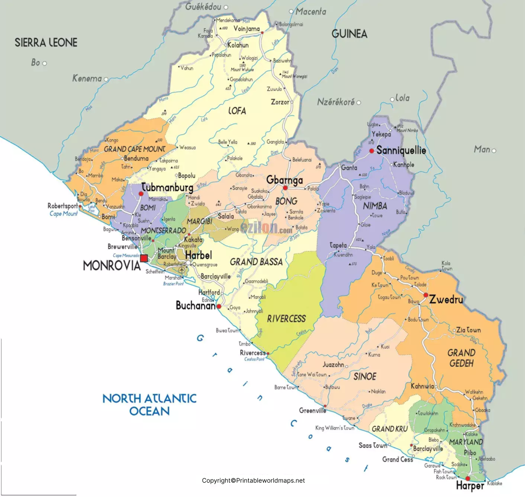 Labeled Map of Liberia with States, Capital & Cities 5 Labeled Liberia with Capital