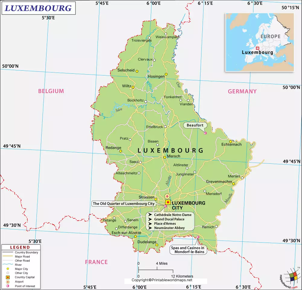 Labeled Map of Luxembourg with States, Capital & Cities 5 Labeled Luxembourg Map with Capital