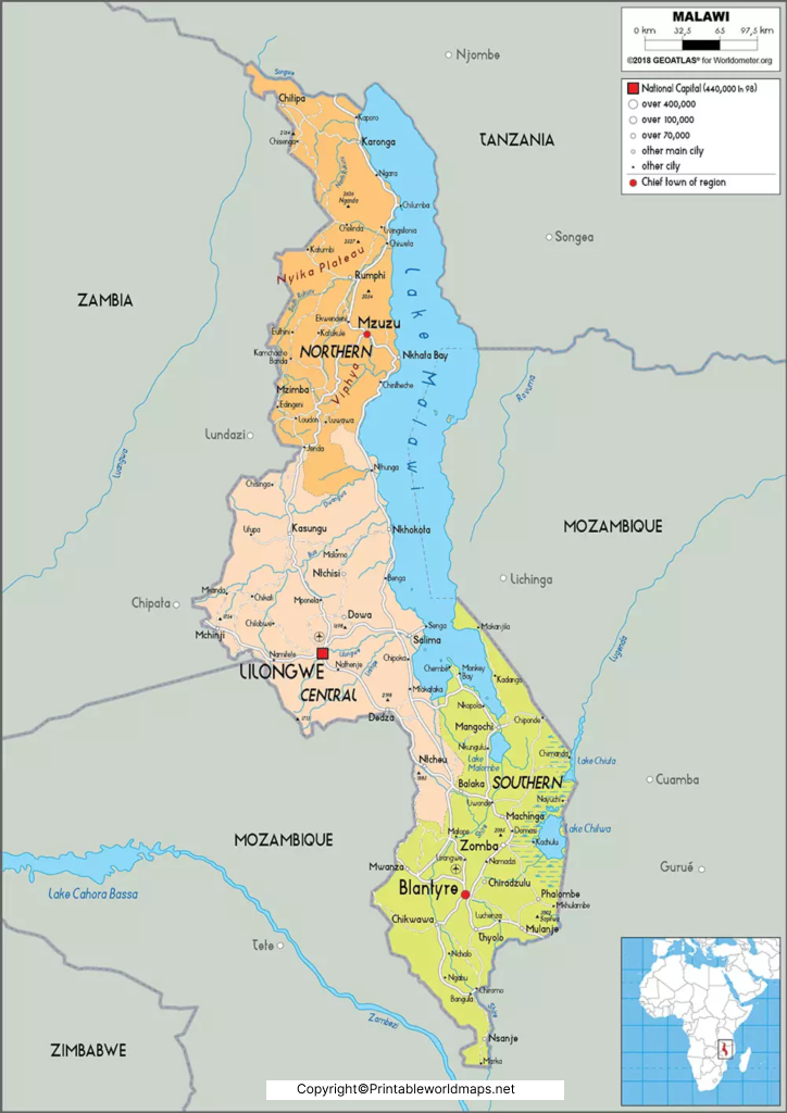Labeled Map of Malawi with States, Capital & Cities 5 Labeled Malawi Map with Capital