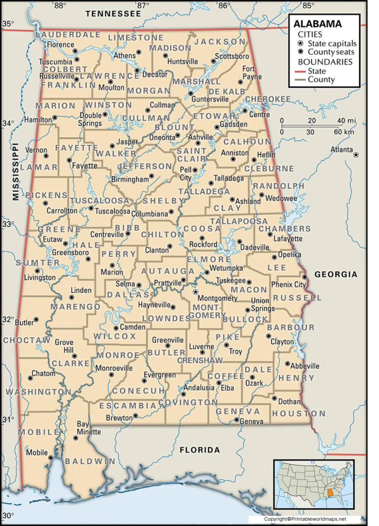 Labeled Map of Alabama with Capital & Cities 3 Labeled Map of Alabama State