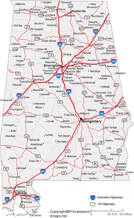 Labeled Map of Alabama with Capital & Cities 4 Labeled Map of Alabama with Cities