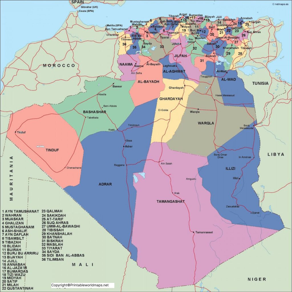 Labeled Map of Algeria with States, Capital & Cities 2 Labeled Map of Algeria 1024x1024 1