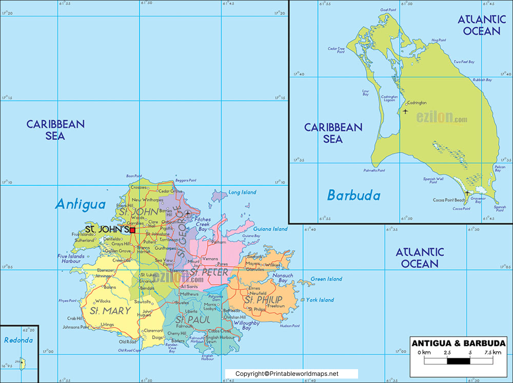 Labeled Map of Antigua and Barbuda with States, Capital & Cities 3 Labeled Map of Antigua and Barbuda with States 1