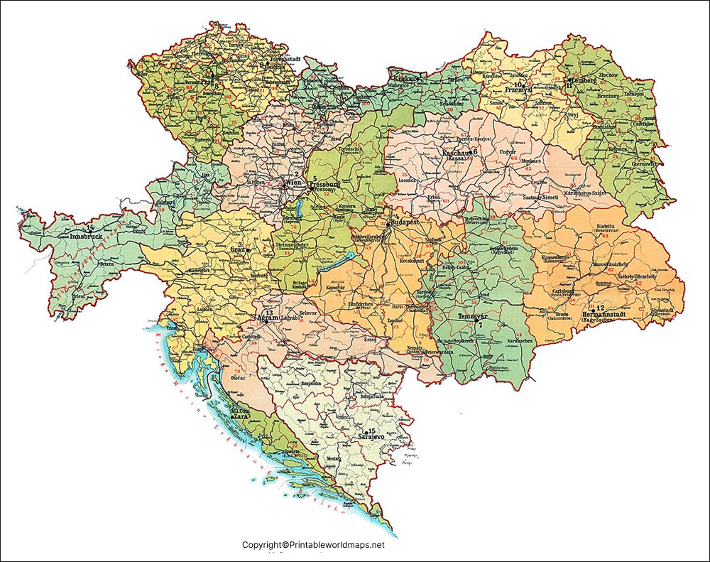 Labeled Austrian Empire Map with States, Capital & Cities 4 Labeled Map of Austrian Empire with Cities
