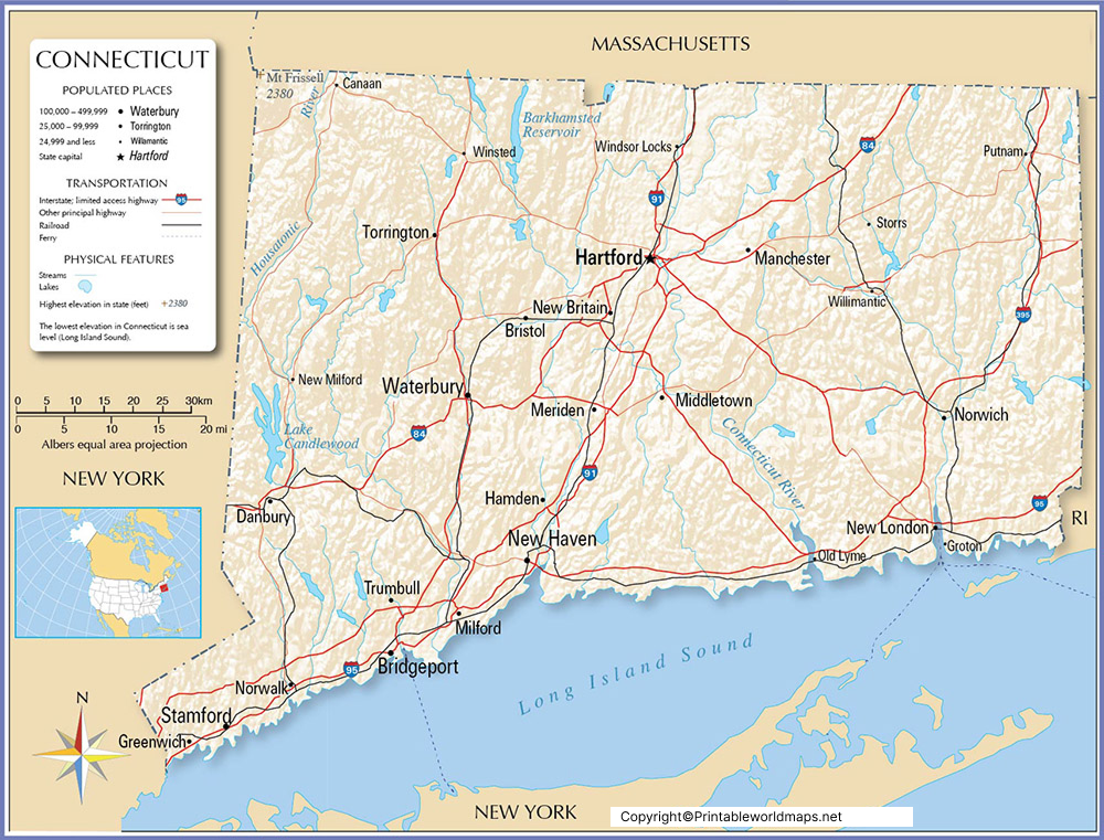 Labeled Map of Connecticut with Capital & Cities 2 Labeled Map of Connecticut