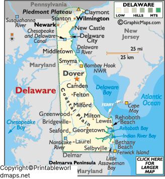 Labeled Map of Delaware with Capital & Cities 2 Labeled Map of Delaware
