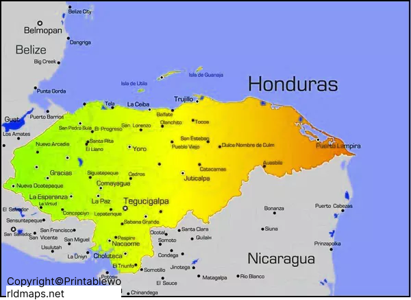 Labeled Map of Honduras with States, Cities & Capital 2 Labeled Map of Honduras