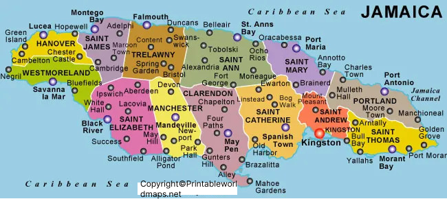 Labeled Map of Jamaica with States, Capital & Cities 2 Labeled Map of Jamaica