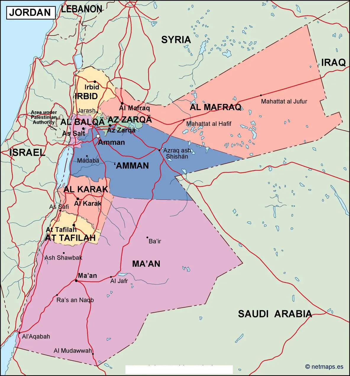 Labeled Map of Jordan with States, Capital & Cities - Printable World Maps