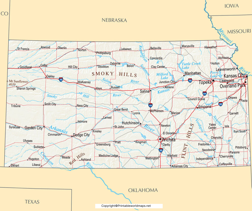 Labeled Map of Kansas with Capital & Cities 3 Labeled Map of Kansas State 1024x858 1