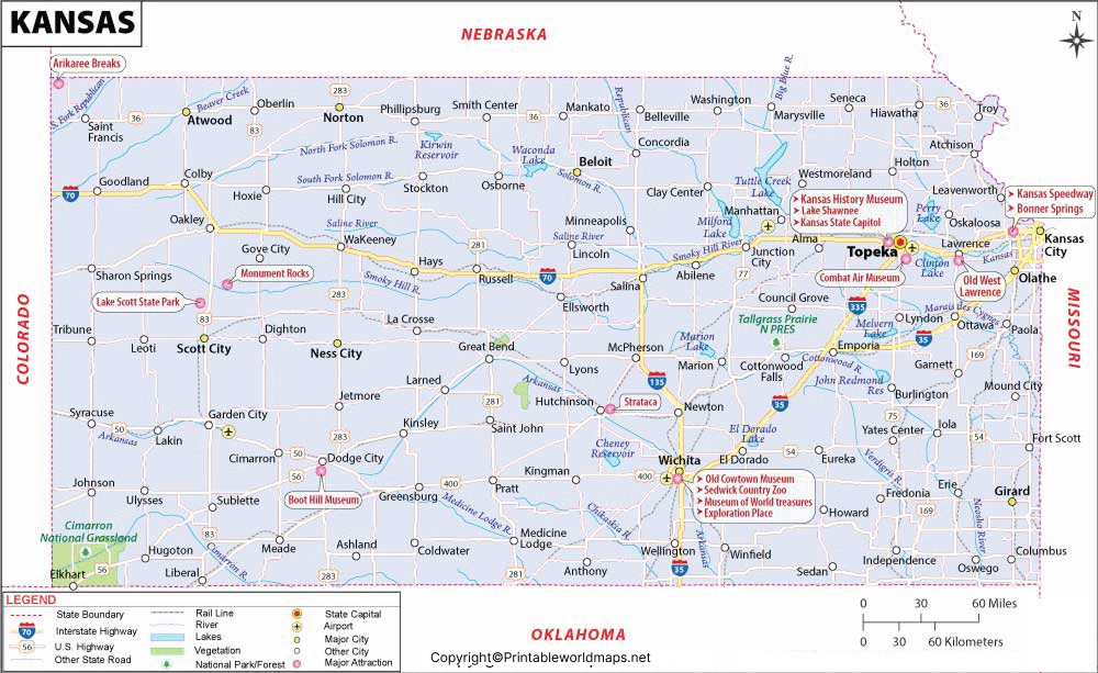 Labeled Map of Kansas with Capital & Cities 2 Labeled Map of Kansas