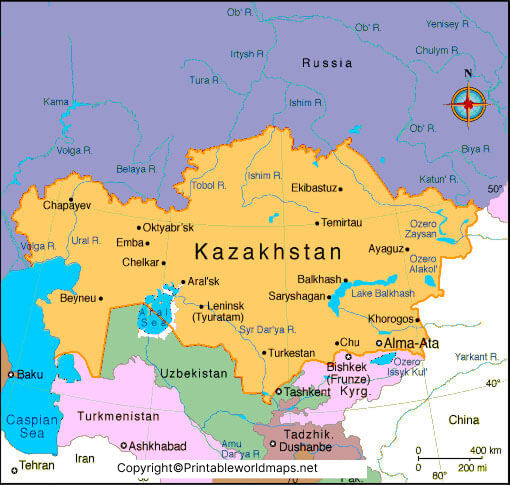 Labeled Map of Kazakhstan with States, Capital & Cities 3 Labeled Map of Kazakhstan with States