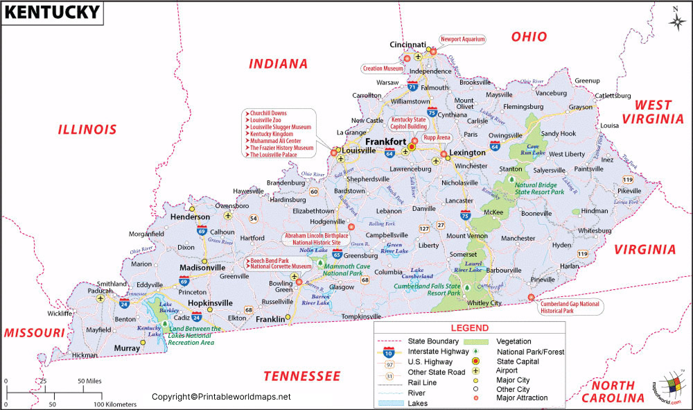 Labeled Map of Kentucky with Capital & Cities 2 Labeled Map of Kentucky