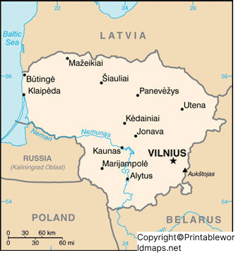 Labeled Map of Lithuania wih Cities