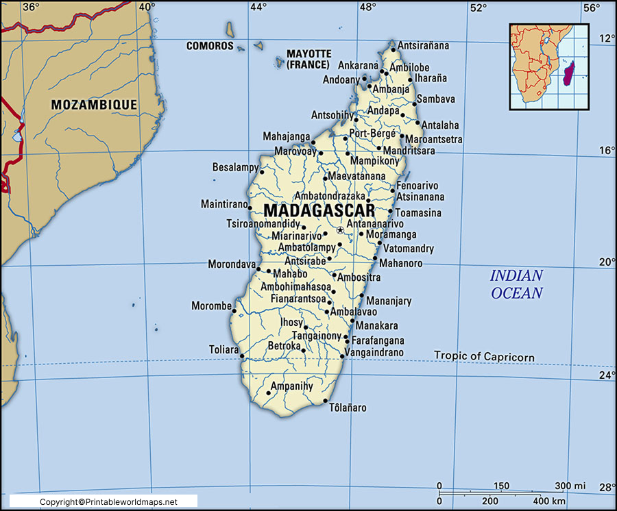 Labeled Map of Madagascar with States, Capital & Cities 3 Labeled Map of Madagascar with State