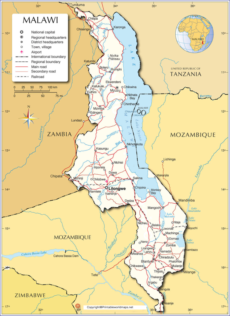Labeled Map of Malawi with States, Capital & Cities 2 Labeled Map of Malawi