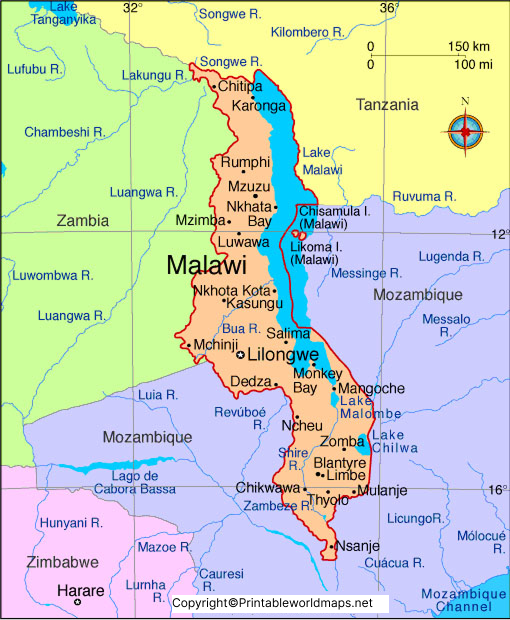 Labeled Map of Malawi with States, Capital & Cities 3 Labeled Map of Malawi with State