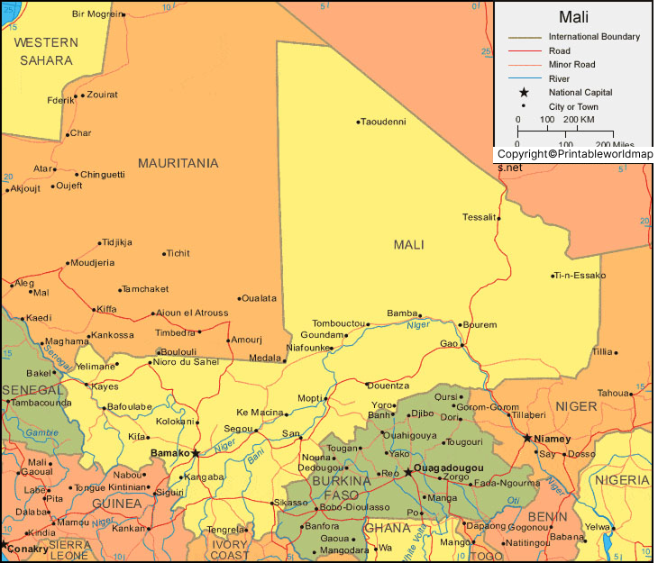 Labeled Map of Mali with States, Capital & Cities 4 Labeled Map of Mali With Cities