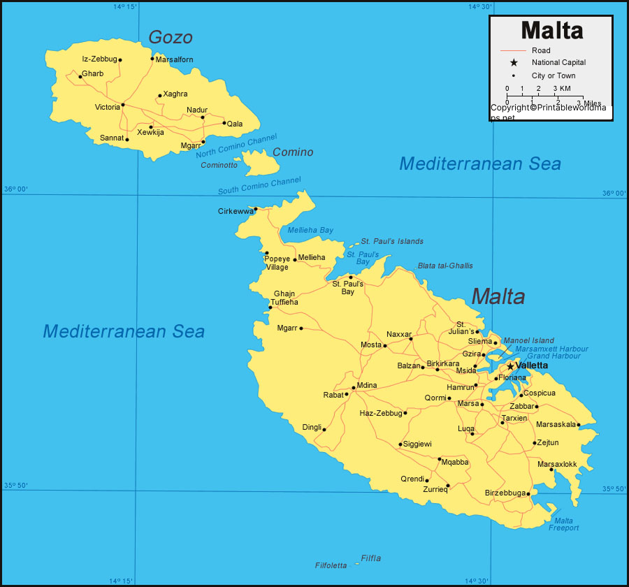 Labeled Map of Malta with States, Capital & Cities 4 Labeled Map of Malta with Cities