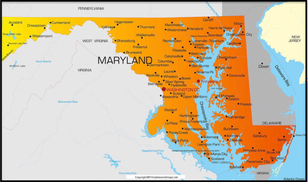 Labeled Map of Maryland with States, Capital & Cities 2 Labeled Map of Maryland