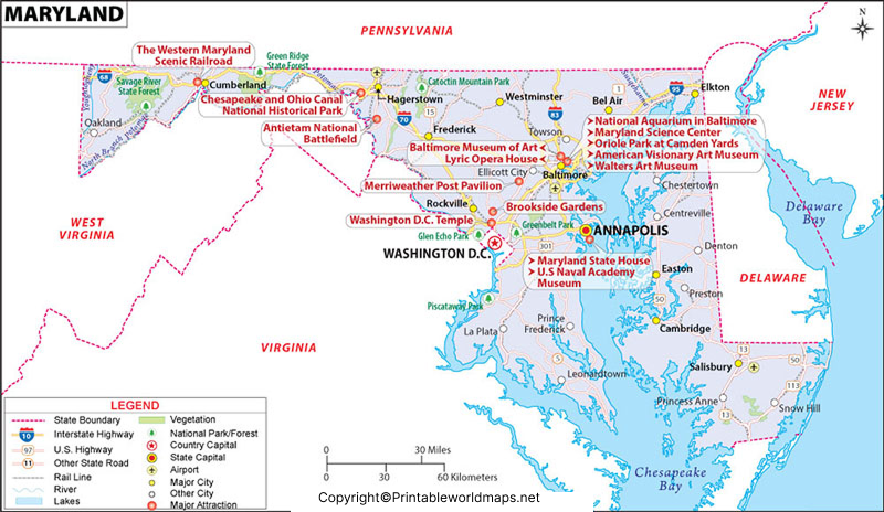 Labeled Map of Maryland with States, Capital & Cities 3 Labeled Map of Maryland with State