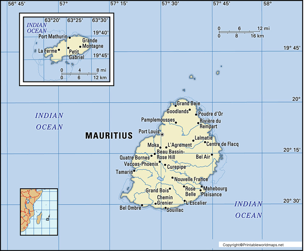 Labeled Map of Mauritius with States, Capital & Cities 3 Labeled Map of Mauritius with State