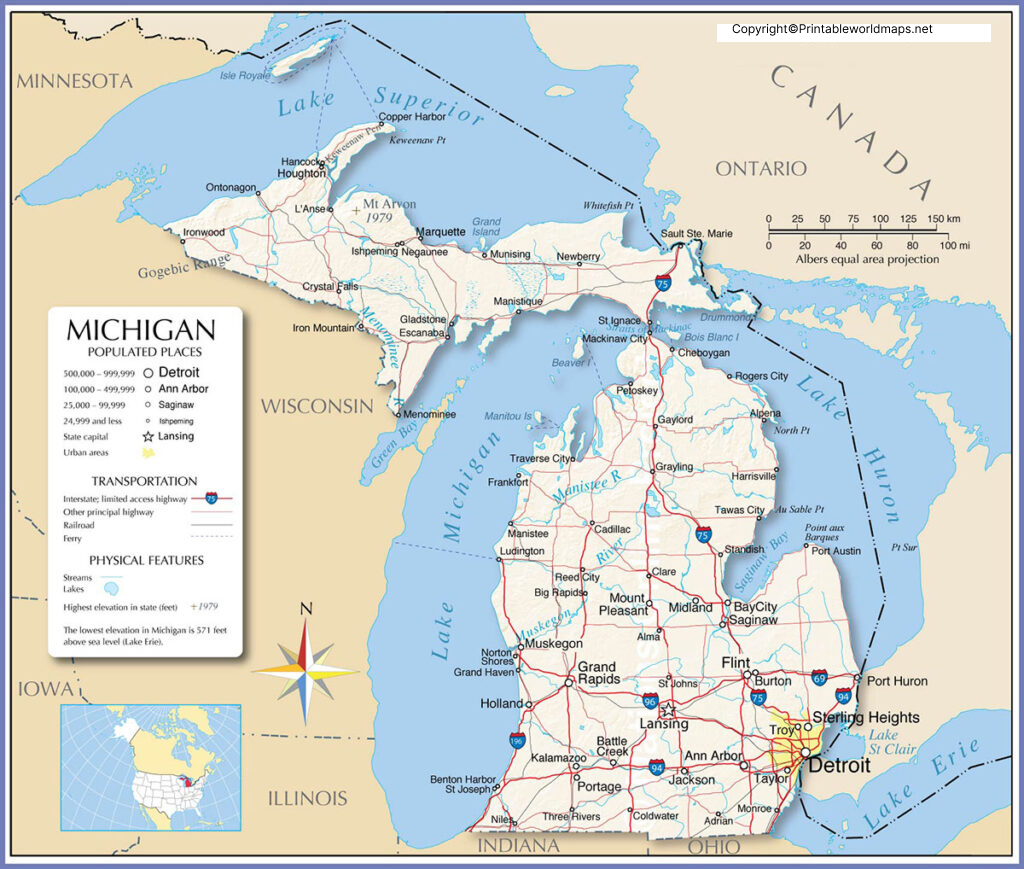 Labeled Map of Michigan with Capital & Cities 2 Labeled Map of Michigan 1024x869 1