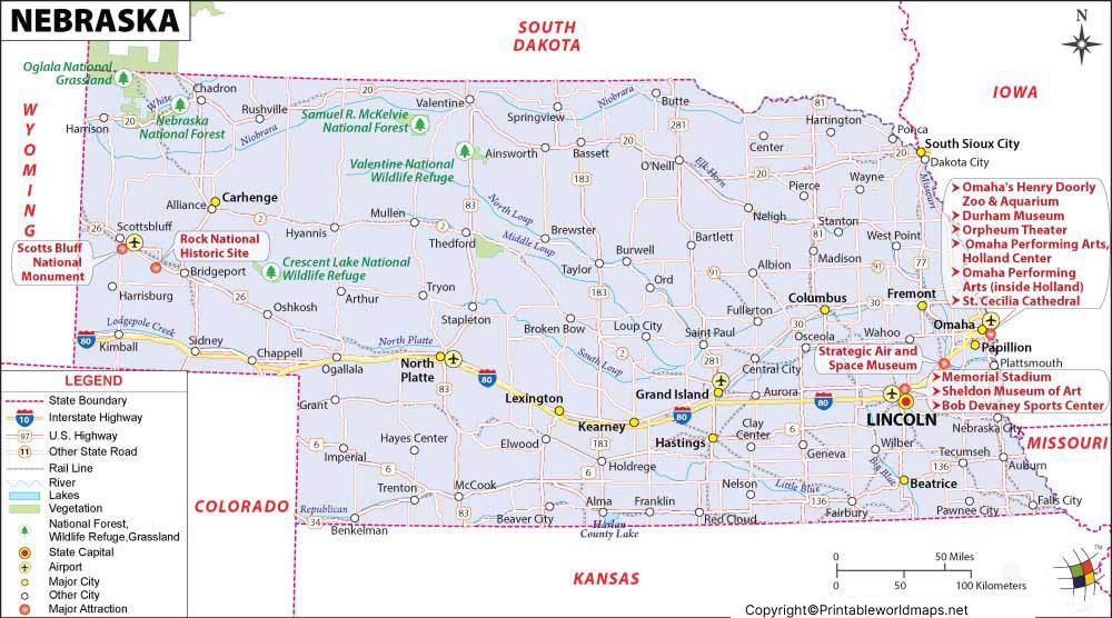 Labeled Map of Nebraska with Capital & Cities 2 Labeled Map of Nebraska