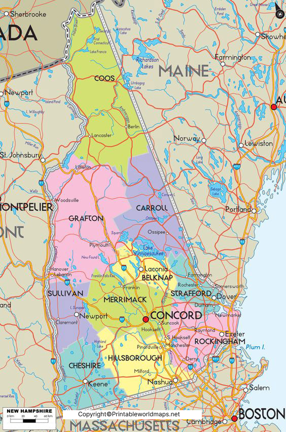 Labeled Map of New Hampshire with Capital & Cities 2 Labeled Map of New hampshire
