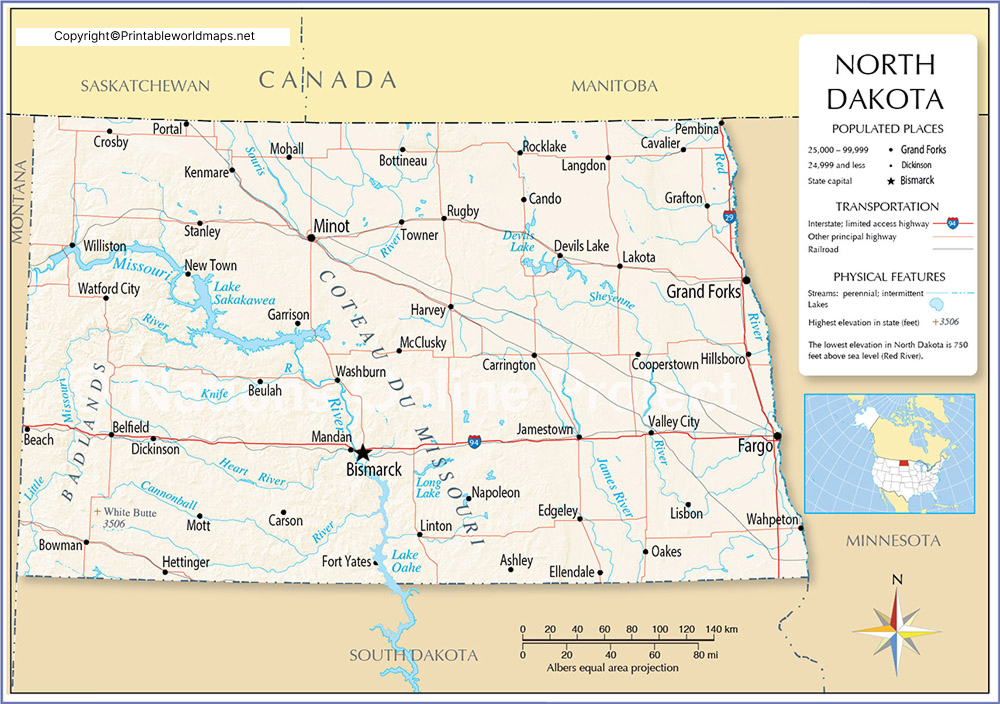 Labeled Map of North Dakota with Capital & Cities 3 Labeled Map of North Dakota with State