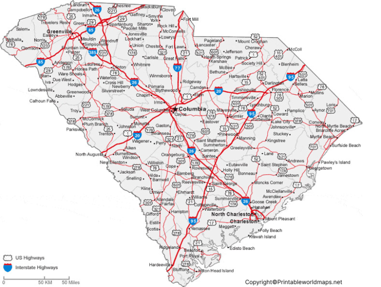 Labeled Map of South Carolina with Cities