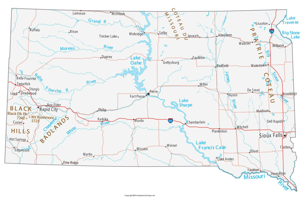 Labeled Map of South Dakota with Capital & Cities 4 Labeled Map of South Dakota with Cities