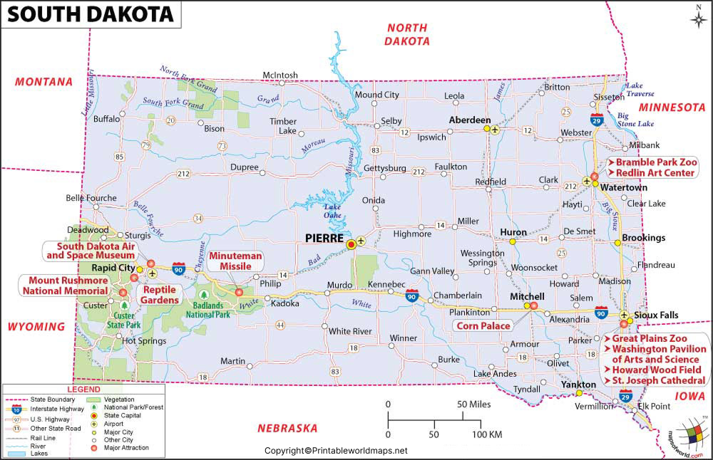 Labeled Map of South Dakota with Capital & Cities 2 Labeled Map of South Dakota