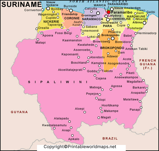 Labeled Map of Suriname with States, Cities & Capital 2 Labeled Map of Suriname